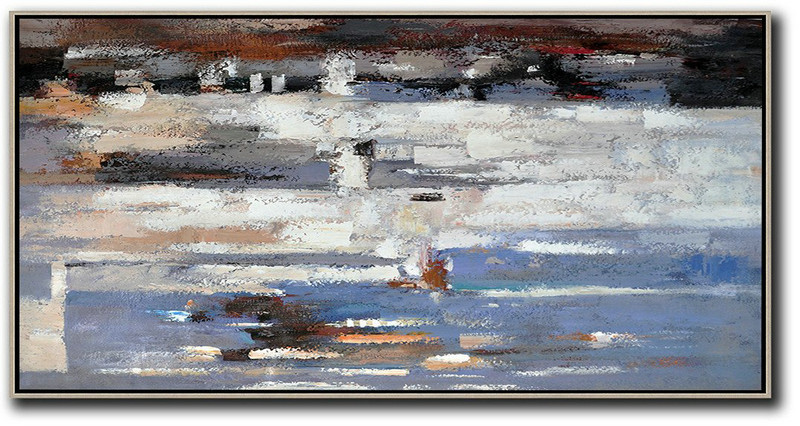 Horizontal Palette Knife Contemporary Art,Extra Large Wall Art,White,Grey,Purple Grey,Blue,Brown